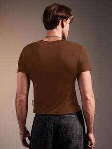 FeverCity Men's Rhinestone Embellished Crew Neck Short Sleeve T-Shirt,High Stretch - Brown - View 2