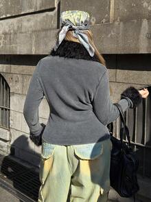 Muchica Plus Size Women's Black Textured Snow Flake Design High Collar Casual T-Shirt, Suitable For Outdoor Leisure Designs Of Oversized Clothing Using Water Washing Technology. A Cozy And Stylish Oversized Cardigan For Curvy Ladies, And An Oversized Casual Coat For Women. Cool Fur Collar