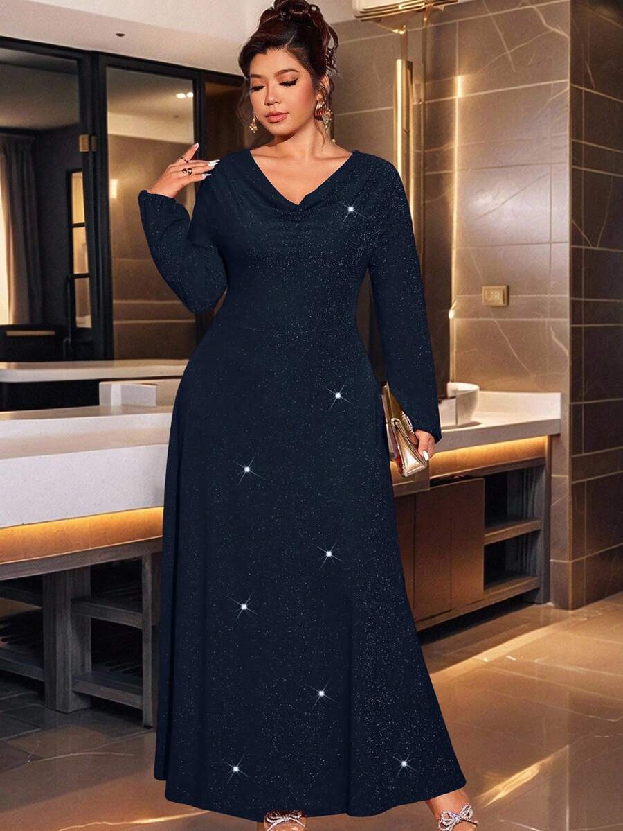 Elenzga 加大码优雅闪亮垂坠领长裙，长袖正式礼服，适合宴会、派对和舞会 - 藍色 - 查看 1