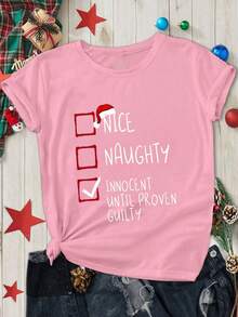EMERY ROSE Plus Size Women's Merry Christmas Slogan NICE NAUGHTY INNOCENT UNTIL PROVEN Pattern Printed T-Shirt Graphic Tees Women Tops - Pink - View 1