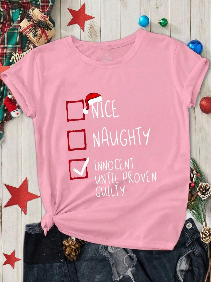 EMERY ROSE Plus Size Women's Merry Christmas Slogan NICE NAUGHTY INNOCENT UNTIL PROVEN Pattern Printed T-Shirt Graphic Tees Women Tops - Pink - View 1