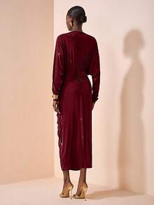 Zivah 2025 Autumn New Arrival Music Festival, Easter, St. Patrick's Day, Western, Nomadic, Birthday Party, Graduation, College Style, Student, Daily Casual, Basic Versatile, Leisure, Cruise Travel, Beach, Sunbathing, Viral , Streetwear, Wedding Guest Boho, Commute, Brunch, Airport, Long Sleeve V-Neck Ruched Waist Maxi Dress, Textured Glossy Fabric, Brown - Burgundy - View 2