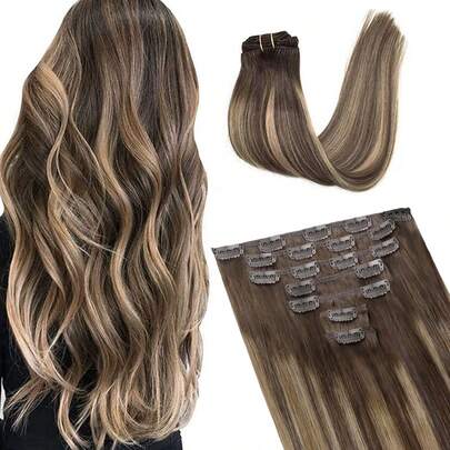 7 PIEZAS Extensiones de cabello con clip recto 100% cabello humano real de 14-24 pulgadas 115G Doble trama Extensiones de cabello con clip invisibles Cabello humano Remy natural para uso diario de mujeres y niñas