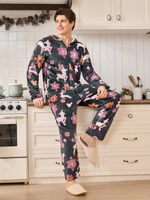 CoupledUp Christmas Deer & Snowflake Fleece Long Sleeve Jumpsuit Men's Pajama - Grey - View 5