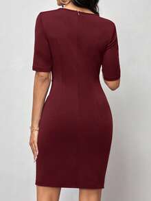 Editum Women's Solid Color Round Neck Short Sleeve Ruched Asymmetric Hem Elegant Dress - Dark Red - View 2