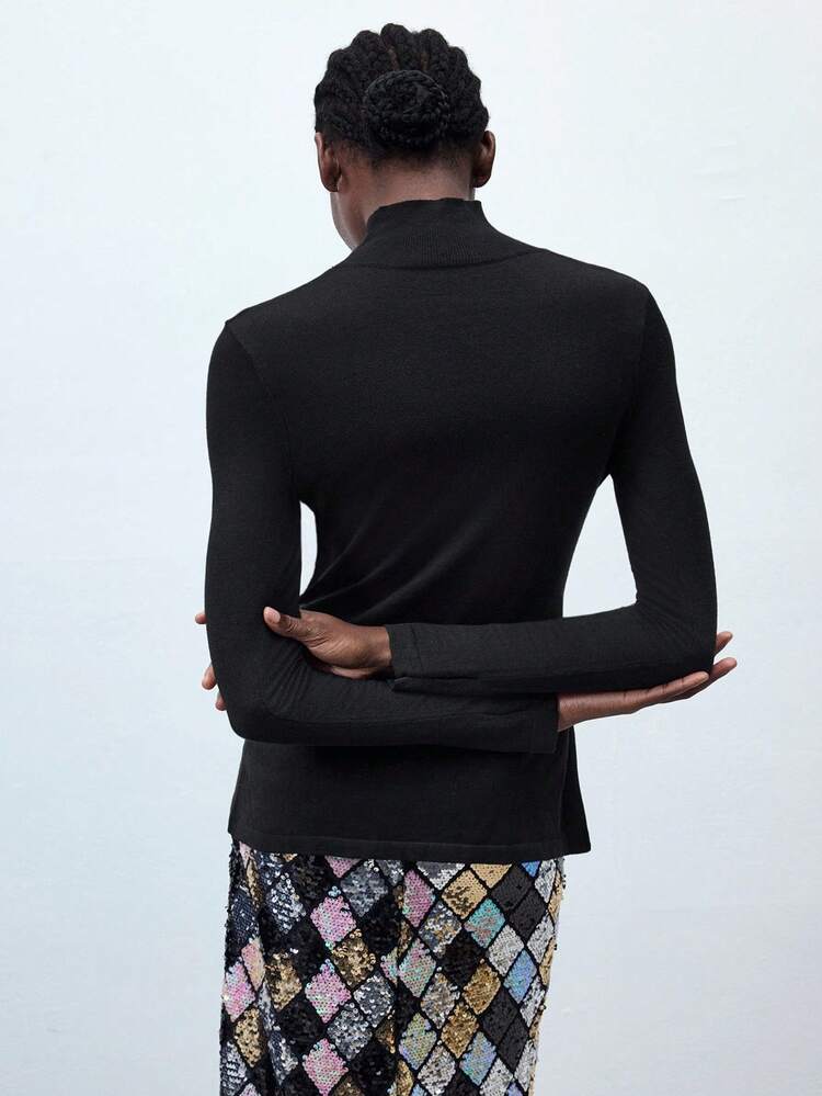 SHEIN Maija 2025 Urban Classic Black Mock Neck Extra Long Sleeve Fitted Top, Suitable For Early Autumn, Back To School Season, Winter Clothes For Women, Maija Fall Winter 2025 Women Maija 2025, Women Autumn Winter, Sweater, Halloween Costume, Halloween Women, Christmas Jumper, Black Top