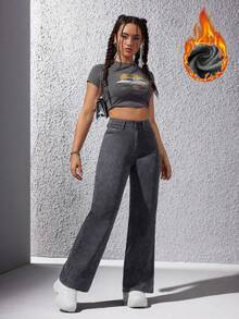 SHEIN ICON 女式休闲水洗直筒牛仔裤 - 深灰色 - 查看 5