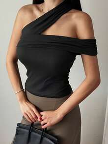 DAZY 女士夏季抹胸单肩修身性感休闲T恤 Y2k - 黑色 - 查看 5