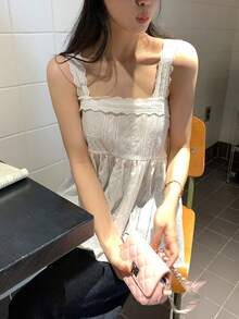 DAZY 女士夏季纹理花卉刺绣印花宽松休闲吊带衬衫度假装 - 白色 - 查看 7