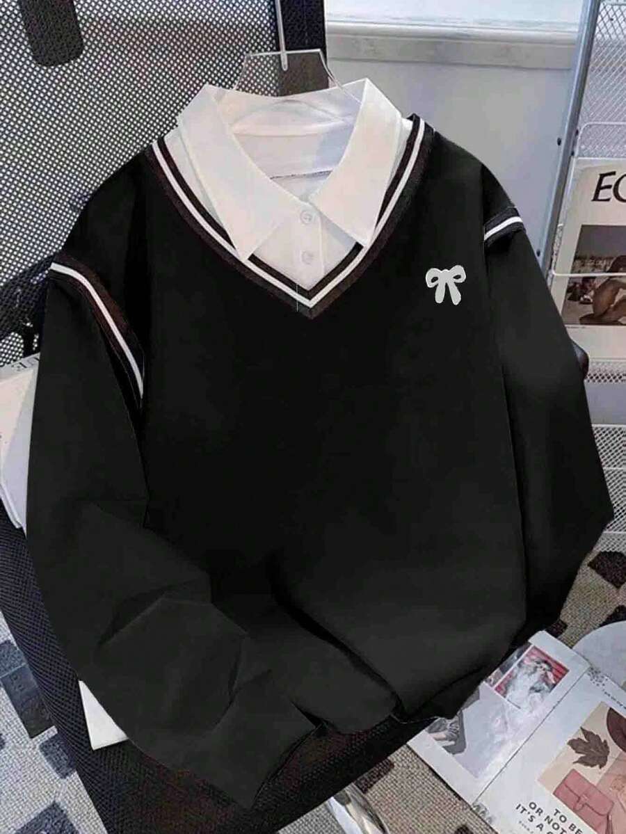 Resyla 大码女式拼色领运动休闲运动衫，学院风上衣 - 黑色 - 查看 1