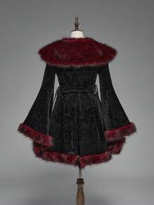 ROMWE Gothic Vintage Patchwork Faux Fur Collar Paisley Velvet Embossed Flare Sleeve Regular Jacket - Black - View 2