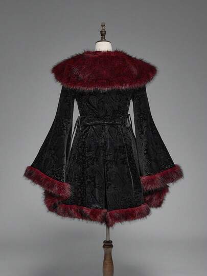 Goth Gothic Vintage Patchwork Faux Fur Collar Paisley Velvet Embossed Flare Sleeve Regular Jacket