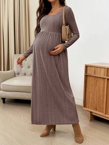 SHEIN Đầm suông dài tay cổ tròn màu trơn cho bà bầu - Cà phê nâu - Xem 1