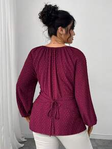 Elenzga 女士休闲圆领串珠收腰衬衫，秋冬 - 酒紅色 - 查看 2