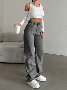 EURMUSE 100%Cotton Straight Leg Jeans Snow Wash - Grey - View 3