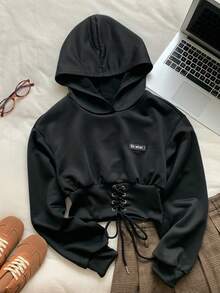 Comfortcana Áo nỉ có mũ trùm đầu in chữ chéo đơn giản dành cho nữ vào mùa thu/đông - màu đen - Xem 4