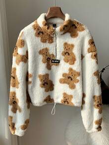 Comfortcana 女士新款卡通熊图案毛绒半拉链运动衫、冬装、长袖上衣 - 彩色 - 查看 5