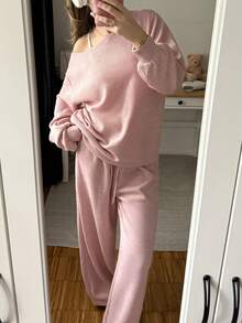 SHEIN CovetEZ 女士粉色针织露肩上衣和裤子休闲套装 - 粉色 - 查看 2