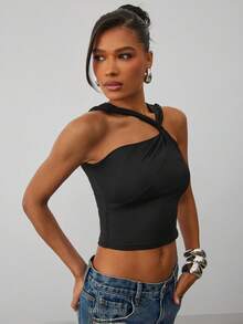 Hauture Women's Fashion Sexy Solid Color Asymmetric Halter Top - Black - View 4