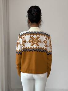 SHEIN Elenzya Sweater Wanita Elegan, Motif Fair Isle, Sweater Resleting Blok Warna, Motif Natal, Sweater Musim Gugur/Musim Dingin - Kuning - View 2