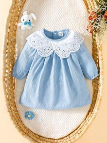 SHEIN 新生女宝宝蓝色泡泡长袖拼布白色蕾丝圆领连衣裙，简约温柔甜美可爱，适合户外玩耍和拍照