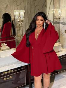 NU&NOW 大码女式 V 领露背金属链简约 A 字性感优雅通勤连衣裙，秋冬 - 紅色 - 查看 2