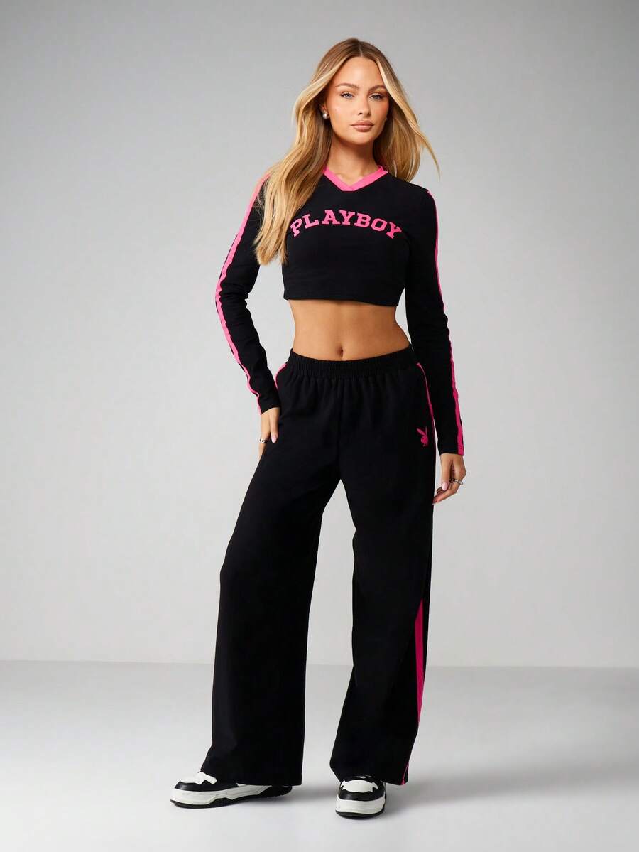Missguided x Playboy Cotton Long Sleeve Crop Top Wide Leg Pants Coordinated Set With Pink Contrast Detail Logo Print Casual Urban Streetwear Fashion Outfit