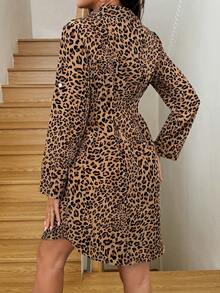 SHEIN Maternity Leopard Print Long Sleeve Single-Breasted Casual Fashion Shirt Dress Leopard Print Dress Animal Print Dress Women Long Sleeve Dress Cheetah Print Dress Brown Dress  Cheetah Print Dress   Brown   Winter - Green - View 2