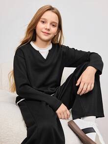 Ensemble 2 en 1 pour préadolescentes avec sweat-shirt à manches longues bicolore et pantalon de couleur unie