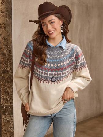 SHEIN LUNE 秋冬几何图案插肩袖毛衣、长袖上衣