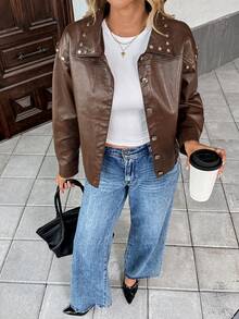 SHEIN Unity Women's Vintage Leather Jacket With Rivet Design, Short Style - Brown - View 5
