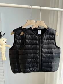 SHEIN 2 件女童休闲黑色拉链无袖加厚背心套装，适合上学和通勤，秋冬季 - 黑色 - 查看 7