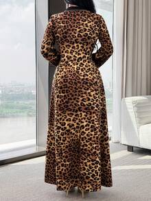 Al Najma 女式秋季豹纹V领长袖抽绳腰阿拉伯风格连衣裙 - 黃色 - 查看 4