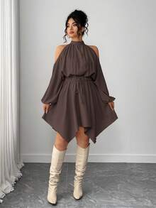 Elenzga 大码女装纯色新款褶皱吊带长袖圆领弹力腰不对称下摆灯笼袖蝴蝶结约会之夜精致时尚优雅休闲吊带宽松简约街头风浪漫优雅秋季连衣裙 - 棕色 - 查看 3