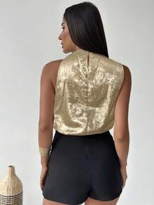 Firerie Blusa asimétrica plisada de oro elegante y de moda para uso diario, oficina, vacaciones y festivales musicales - Dorado - Ver 3