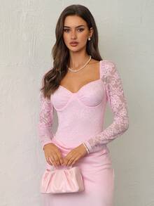 Aloruh Đầm maxi ôm sát không dây phối ren hồng trơn màu dành cho nữ, tay dài, viền đuôi cá gợi cảm, thích hợp cho đám cưới, hẹn hò, tiệc tùng, ngày lễ tình nhân, xuân/hè/thu/đông - Hồng - Xem 3