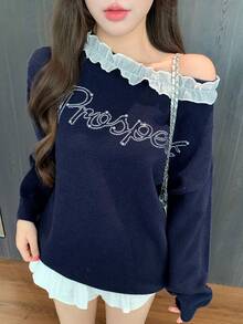 DAZY 女式拼色蕾丝拼布水钻字母图案提花宽松针织毛衣，适合秋季、冬季、新年、圣诞节 - 藏蓝色 - 查看 5