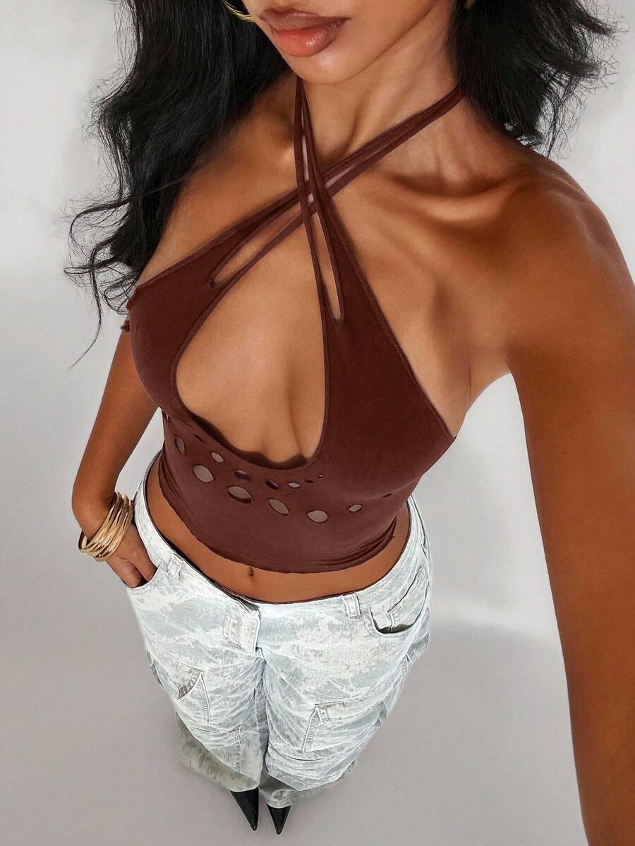 SHEIN Unity 性感朋克风纯色镂空挂脖上衣 - 棕色 - 查看 1