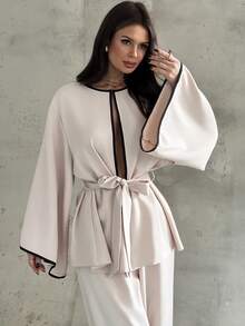 Firerie Conjunto elegante minimalista de mujer para uso diario, compuesto por un cárdigan de cuello redondo con volantes en contraste de color albaricoque y negro, de manga larga, y pantalones rectos sueltos. Nuevo conjunto elegante de dos piezas para otoño/invierno, atuendo para maestras, uso al aire libre