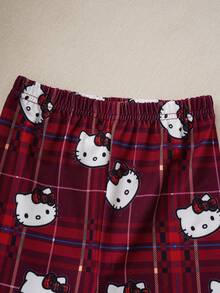 HELLO KITTY AND FRIENDS | SHEIN 2 件套女婴卡通格子蝴蝶结猫咪印花针织圆领羊毛宽松运动衫和喇叭裤套装，秋冬