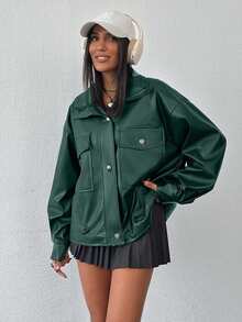 EURMUSE PU Leather Stylish Hidden-Fly Detailed Women's Jacket - Green - View 4