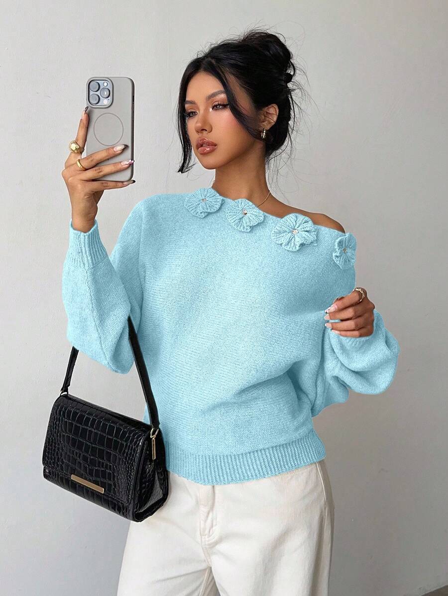 Selianne Women's Elegant Floral Rhinestone Decor Asymmetric Shoulder Solid Color Sweater - Baby Blue - View 1