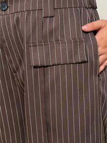 EMERY ROSE 秋冬大码女式法式休闲优雅条纹长裤 - 棕色 - 查看 6