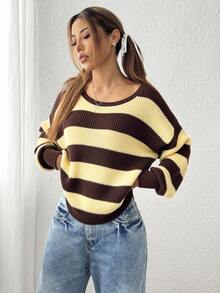 SHEIN EZwear 宽松咖啡棕色和奶黄色条纹超大长袖套头衫，适合秋冬季休闲装 - 彩色 - 查看 4