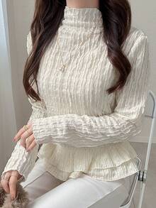 FRIFUL Women's Turtleneck Textured Fabric Layered Ruffle Hem Fitted T-Shirt - Apricot - View 4