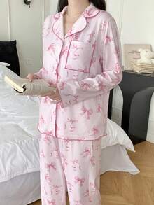 SHEIN Teen Girls Pajamas, Dozemod Teen Girl, Valentine's Day Pink Minimalist Bow Pattern Lapel Button Pocket Long Sleeve Pants Loose Casual Sleepwear Set, 2pcs (Sibling Outfits Matching Outfits Sold Separately) Bow Print Pajamas Girl Sleep Wear Cute Pajama Set Pajamas Set Teen - Pink - View 6