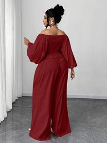 Maweii 2pcs Plus Size Casual Tie Bow Puff Sleeve Set - Red - View 6