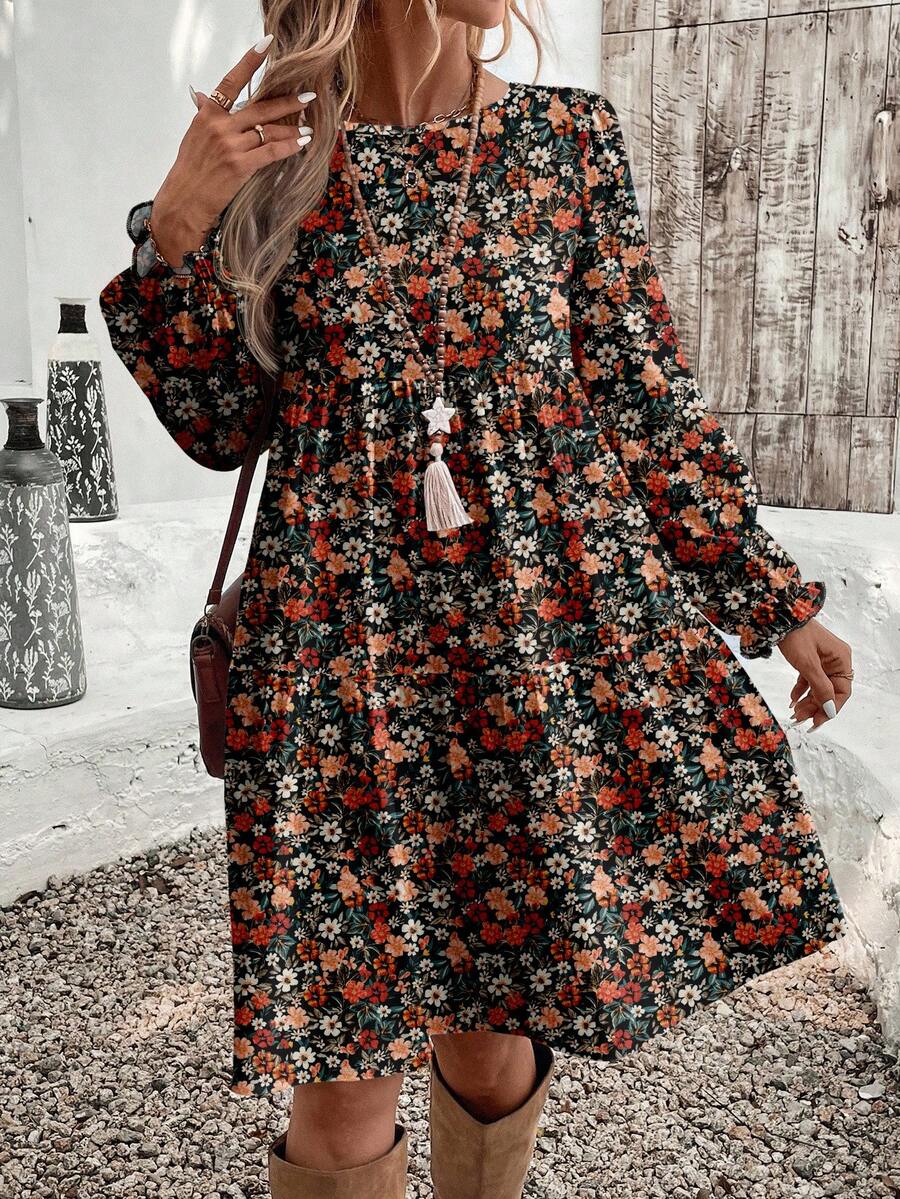 EMERY ROSE Casual Minimalist Ditsy Floral Pattern Loose Fit Round Neck Plus Size Dress, Suitable For Autumn/Winter - Black - View 1