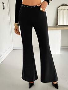Siren Gaze Women's Casual Metallic Eyelet Flare Pants,Autumn Black Business Bell Bottom Slacks,Elegant Winter Night Wide Leg Dress Pants Fold Over Rhinestone - Black - View 4