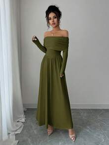 Selianne 女式纯色褶裥露肩长袖连衣裙 - 軍綠色 - 查看 5